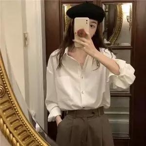 여성 긴팔 셔츠 기본핏 루즈핏 통근 남방 카라넥 블라우스 상의 데일리룩
