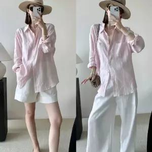 호미존 여성 여름 예쁜 블라우스 시원한 나시 인견 티셔츠 루즈핏 우아한 린넨 셔츠 연한핑크 T188
