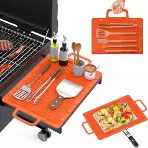 Eptchn 휴대용 야외 실리콘 그릴 매트 접이식 내열 테이블 및 BBQ 사이드 선반 도구 패드 스냅 버튼 포함