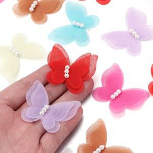 10PCS ORGANZA 패브릭 나비 3X3 진주 7CM 메쉬 반투 아플리케 꿈꾸는 3D