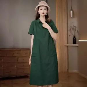 블루바구니 여름 롱 40대 원피스 순색 면 마 여름치마 린넨 반팔 카라원피스 심플 포켓