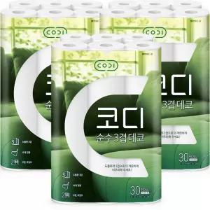 코디 순수 데코 3겹 30m 30롤 x 3팩 화장지 ~ 쌍용씨앤비 CODI 두루마리 휴지 3개 90롤