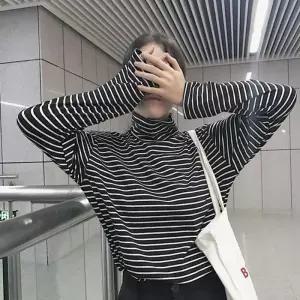 ONM 여성용 얇은 상의 긴팔티 터틀넥 스트라이프 롱슬리브