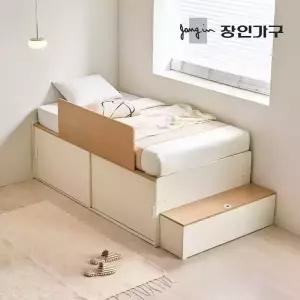 장인가구 도피오 슬라이딩 빅수납 높은 침대 프레임 SS (높이620)+7존포켓유로탑+밀림방지패널+안전가드+수납계단