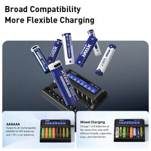 XTAR L8 pro AA/AAA 배터리 충전기 8슬롯 스마트 Ni-MH & 1.5V 리튬이온 듀얼 수리 0V 활성화 USB-C 안전하