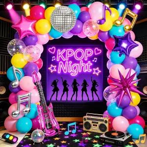 143Pcs KPOP 음악 테마 풍선 갈랜드 아치 키트 레트로 디스코 볼 노트 폭발 별 기타 호일 80 90년대 힙합