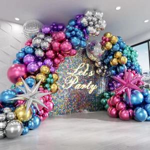 포티오엠알지 135pcs 디스코 볼 풍선 아치 키트 실버 블루 그린 퍼플 핫 핑크 골드 메탈릭 생일 70S 80S