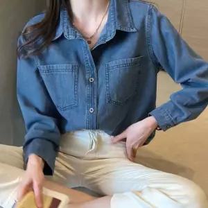 여자 심플 빈티지 진청 데님 청 셔츠 남방