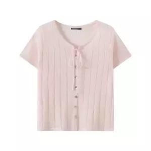 [미니멈][미니멈 에브리데이]라운드 리본 넥 세로 골지 반팔 니트 가디건 (EC2CK019D)