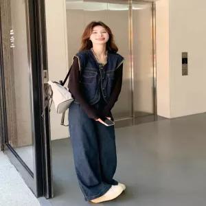 여자 가을 데님 청청패션 세트 셋업 빅사이즈 청바지 일자 팬츠 세미 흑청