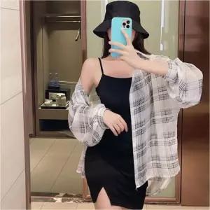 여자 이 간절기 루즈핏 얇은 시스루 체크셔 캐주얼룩