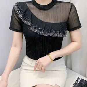 라인댄스복 여름 반팔 의상 라틴 왈츠 댄스복 탱고 사교 티셔츠 시스루