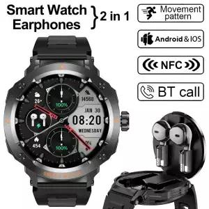 NFC 스마트 시계 무선 이어폰 2 in1 블루투스 통화 남자 심박수 모니터 음악 재생 헤드폰 Smartwatch