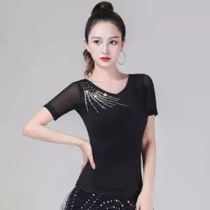 큐빅 장식 망사 댄스 라틴 라인 살사 공연복 연습복 상의 스포츠 댄스복