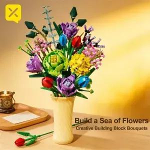 영원한 꽃다발 빌딩 블록 세트 DIY 꽃 (튤립 장미 유칼립투스 포함) 발렌타인데이 어머니날 선물용 홈데코