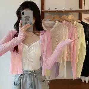  시스루 골지 브이넥 얇은 긴팔 가디건 여름까지 입는 비치웨어 데일리템  봄 가을 크롭