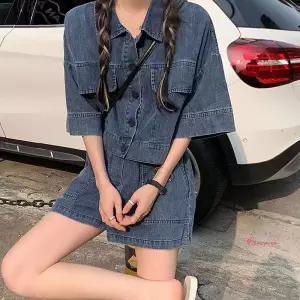 여성 반팔 데님 셋업 코디세트 투피스 반바지cde355