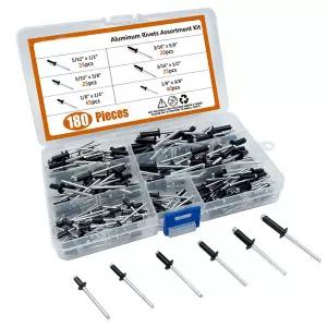 180pcs 알루미늄 버섯 헤드 브레이크 맨드릴 블라인드 리벳 네일 블랙 팝 리벳 플랫 라운드 헤드 스플릿 브