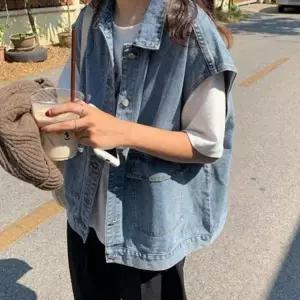 오버핏 청 데님 박스핏 남자 여성 오버 브이넥 조끼 패션 리쉬 니트 스타일 심플