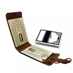Cribbage 보드 게임 세트 나무 가죽 케이스와 접이식 테이블 카드 데크와 클래식