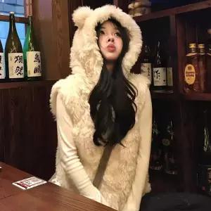 귀여운 곰돌이귀 퍼 후드베스트 조끼 AF-75