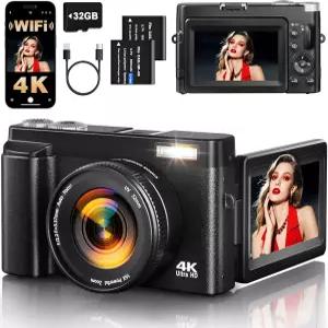 사진 촬영용 4K 디지털 카메라 3인치 180 플립 스크린 여행용 SD 카드 포인트 앤 샷 16배 줌 UV 필터