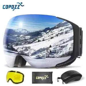 COPOZZ 마그네틱 스키 고글 2s 퀵 체인지 및 케이스 세트 UV400 보호 남성용 여성용 안개 방지 스노우 보드