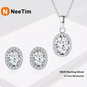 NeeTim 0.5ct 타원형 컷 Moissanite 쥬얼리 세트 S925 실버 18K 골드 도금 펜던트 목걸이 귀걸이 여성용