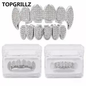 TOPGRILLZ-신제품 핏 실버 도금 CZ 마이크로 포장 상단 및 하단 그릴 세트 로듐 치아 뱀파이어