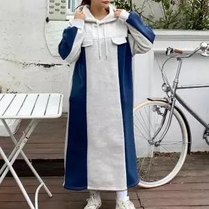 [하프클럽/옷자락]여성 루즈핏 배색 배색 기모 후드 롱원피스