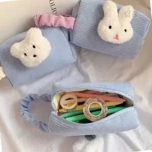 골지 패브릭 미니 파우치 손가방 토끼 곰 인형 장식 필통 화장품 파우치 여성