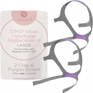 Snugell ResMed F20 풀페이스 CPAP 마스크 헤드기어용 교체 스트랩 2팩 그레이와 퍼플 L 사이즈 초부드러운