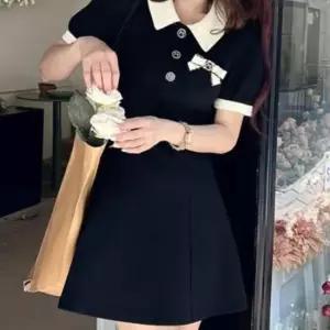 이쁘다요 카라 리본 블랙 플레어 배색 원피스 브로치 미니 반팔