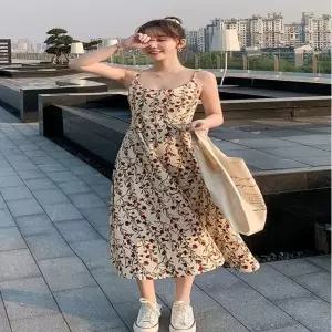끈조절 롱원피스 뷔스티에 꽃무늬 여성 나시 플라워