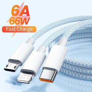 USB C타입 초고속 충전 케이블,  샤오미  OPPO 라이트닝 데이터 코드, 아이폰 1.2, 2, 3M, 6A, 3 인 1, 66W