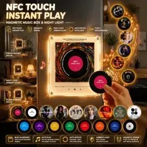 NFC 터치 인스턴트 플레이 비닐 레코드 뮤직 박스 무드등 기능 포함 타입C 충전식 다이나믹 글로우 라이트