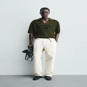 ZARA 실켓 면 니트 폴로셔츠 - 카키 6674/435/505