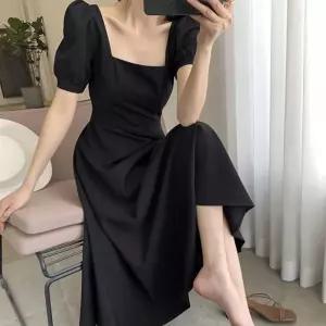 A라인 롱원피스 1P 블랙 벌룬소매 데이트 여성 하객룩
