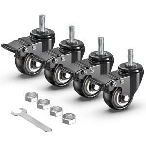 홀키에 스템 캐스터 휠 2인치 토탈 잠금 세트 4개 나사형 3/8인치 -16 X 1(직경 3/8인치 길이 1인치) 회전식 헤비 듀티 블랙