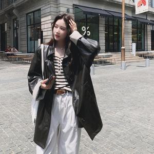 청수정 여성 하프 빈티지 가죽 코트 봄 단가라 슬림핏 캐주얼 재킷 KS