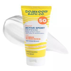 해초 목욕 Co. 액티브 스포츠 디펜스 크림 SPF 50 3.4온스 산화아연 알로에 수박 방수 페이스 및 바디