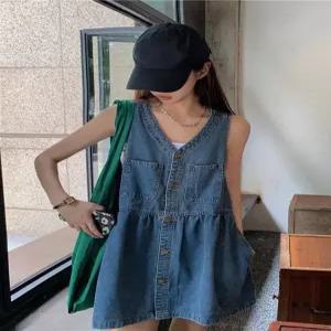 여자 청 조끼 캐주얼 아우터 여성용 자켓 민소매 재킷