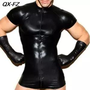 남성 이국적인 한 가죽 바디 슈트 프론트 지퍼 PVC 라텍스 테디 Catsuit 게이 점프 클럽 착용 의상