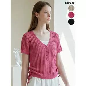 [BNX]버튼 레이어드 셔링끈 V넥 반팔 니트