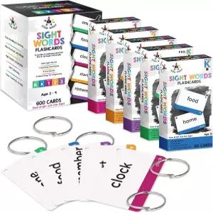 스타 라이트 600 사이트 워드 플래시 카드 및 게임 세트 - 300 홀 펀칭 재미있는 30개 바인더 링 5개 3세
