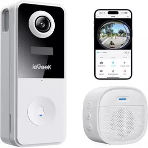 iEGeek 비디오 초인종 카메라 무선 머리부터 발끝까지 180° 울트라 뷰 배터리 구동 구독료 없음 2K 3MP HD