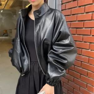 스포티 여성 캐주얼 오버핏 레더 라이더 벌룬 자켓
