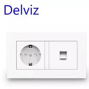 Delviz RJ45 컴퓨터 벽면 소켓 연결 잭 CAT5E 커넥터 케이블 네트워크 인터페이스 콘센트 EU 표준 전원