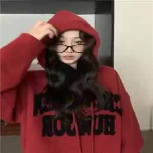 니트 후드 가디건 원피스 오버핏 후디 홀가먼트 롱 레터링 4color