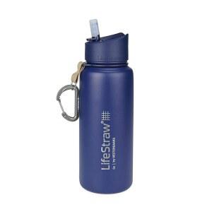 하이킹 배낭여행 여행을 위한 2단계 통합 필터 빨대 이중 벽 진공 단열 기능이 있는 LIFESTRAW GO 스테인리스 스틸 정수 병 24온스 파란색